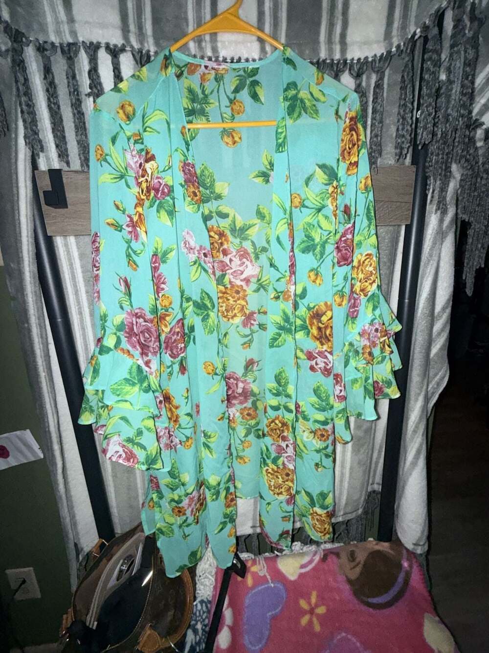 Floral Print Chiffon Ruffle Sleeve Open Front Kimono Cardigan Turquoise